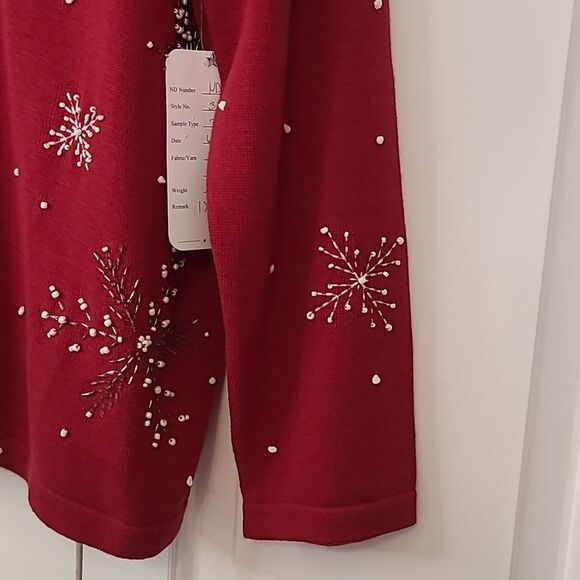 Norm Thompson Beaded Snowflake Zip Front Cotton Cardigan Sweater Red Size L - Picture 5 of 13